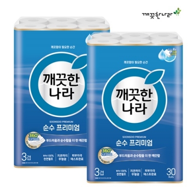 초특가_한정수량[깨끗한나라] 3겹 순수 프리미엄 27m 30롤 x 2팩